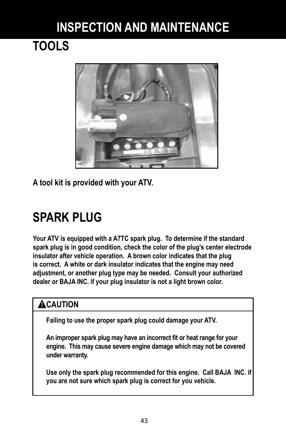 Tools, Spark plug, Inspection and maintenance | Baja Motorsports BA90-2 User Manual | Page 47 / 83