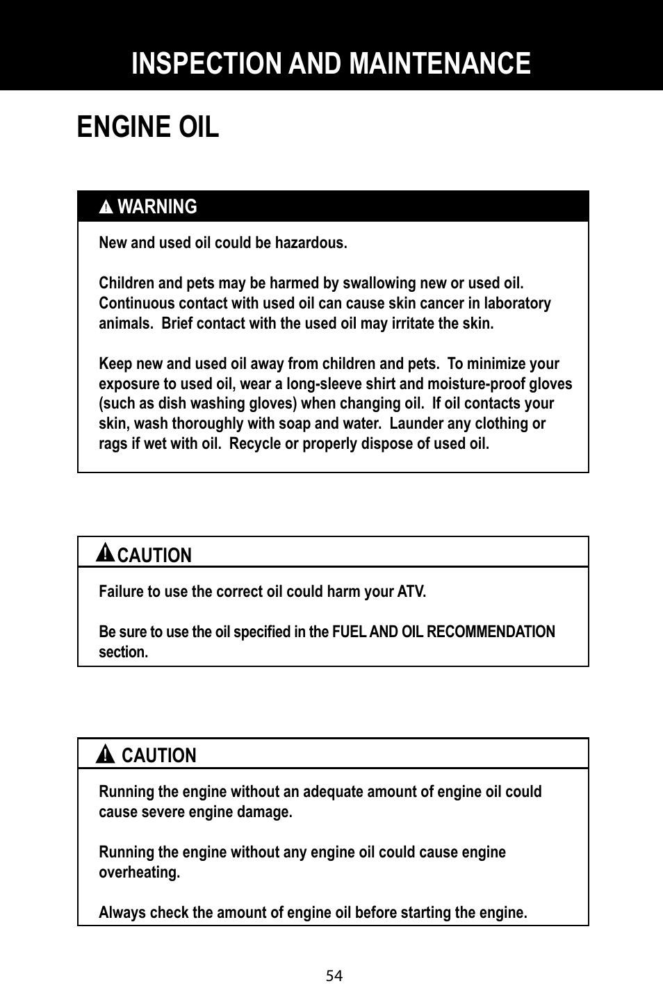 Inspection and maintenance, Engine oil | Baja Motorsports BA90-2 User Manual | Page 58 / 83