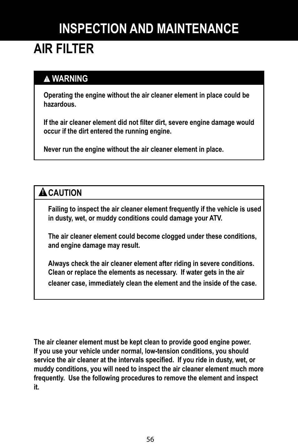 Air filter, Inspection and maintenance | Baja Motorsports BA90-2 User Manual | Page 60 / 83