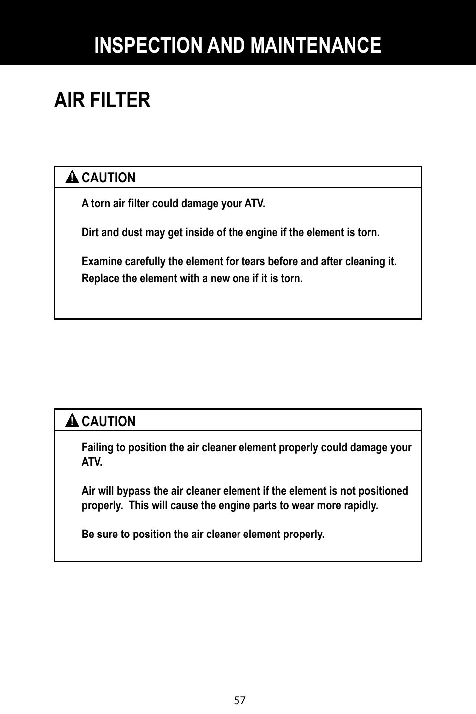 Inspection and maintenance, Air filter | Baja Motorsports BA90-2 User Manual | Page 61 / 83