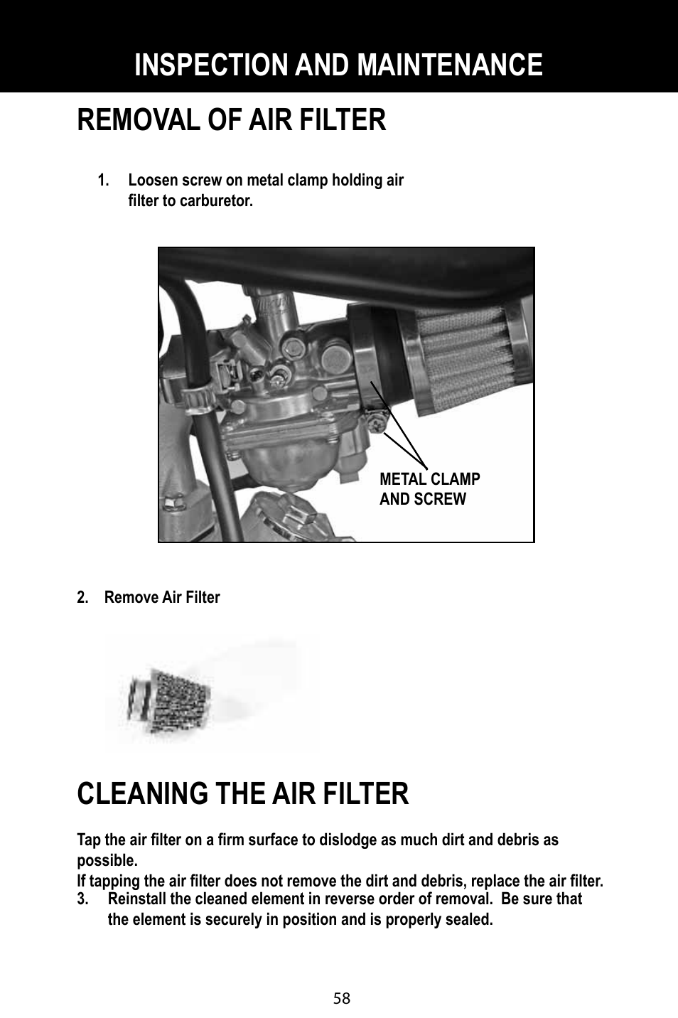 Inspection and maintenance removal of air filter, Cleaning the air filter | Baja Motorsports BA90-2 User Manual | Page 62 / 83