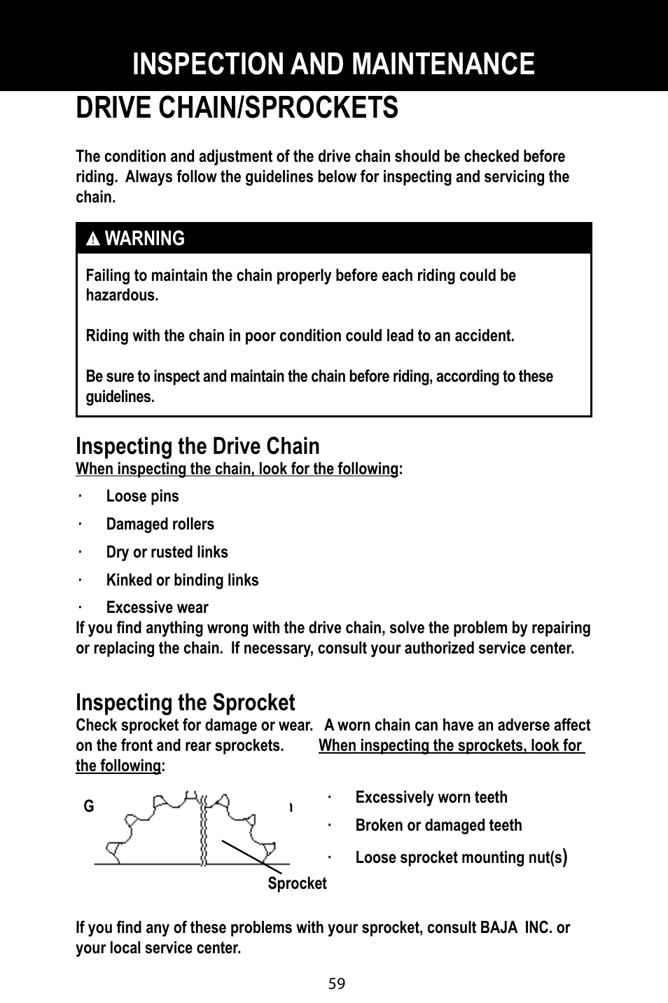 Drive chain/sprockets, Inspection and maintenance, Inspecting the drive chain | Inspecting the sprocket | Baja Motorsports BA90-2 User Manual | Page 63 / 83