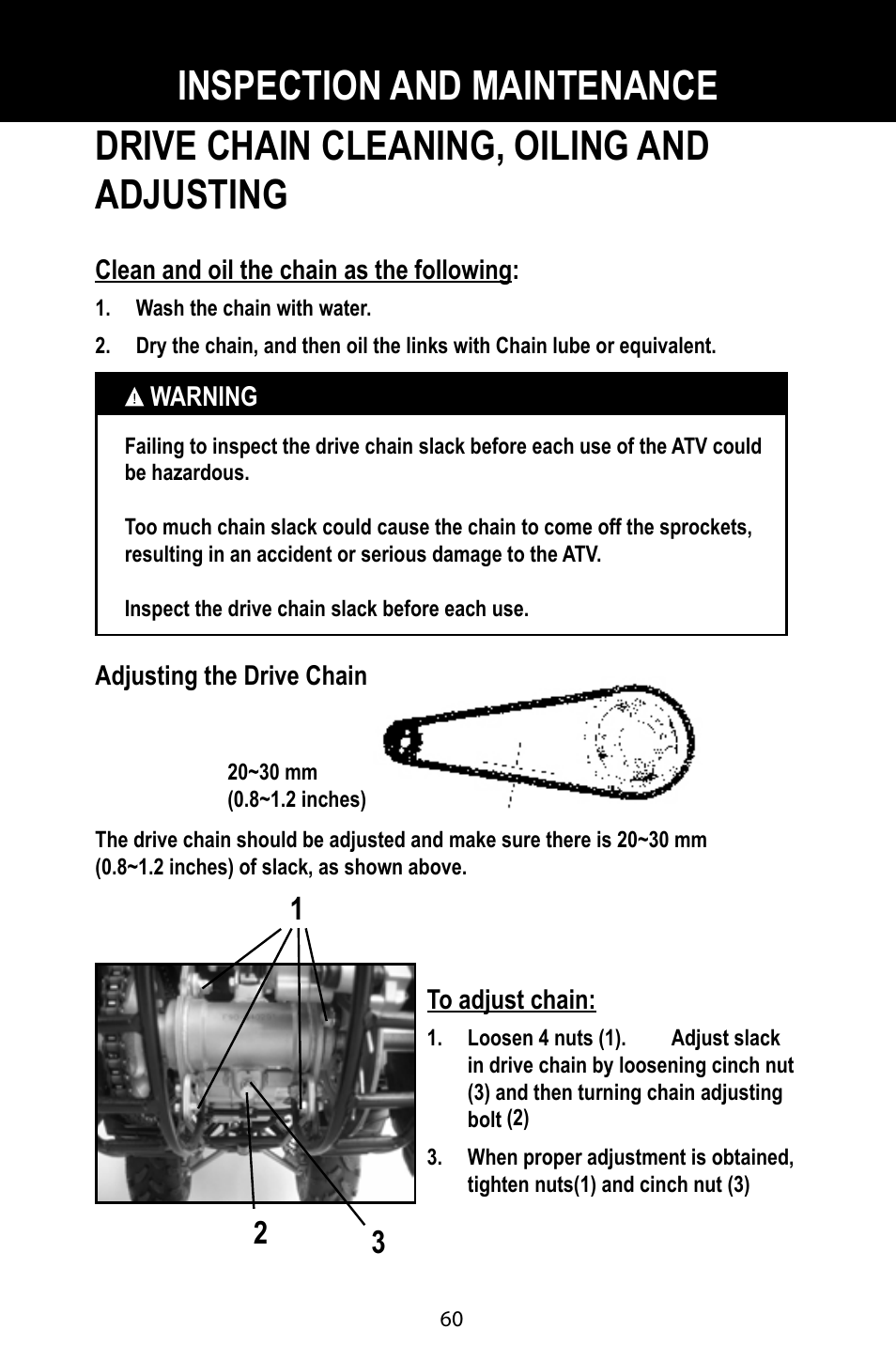 Drive chain cleaning, oiling and adjusting, Inspection and maintenance | Baja Motorsports BA90-2 User Manual | Page 64 / 83