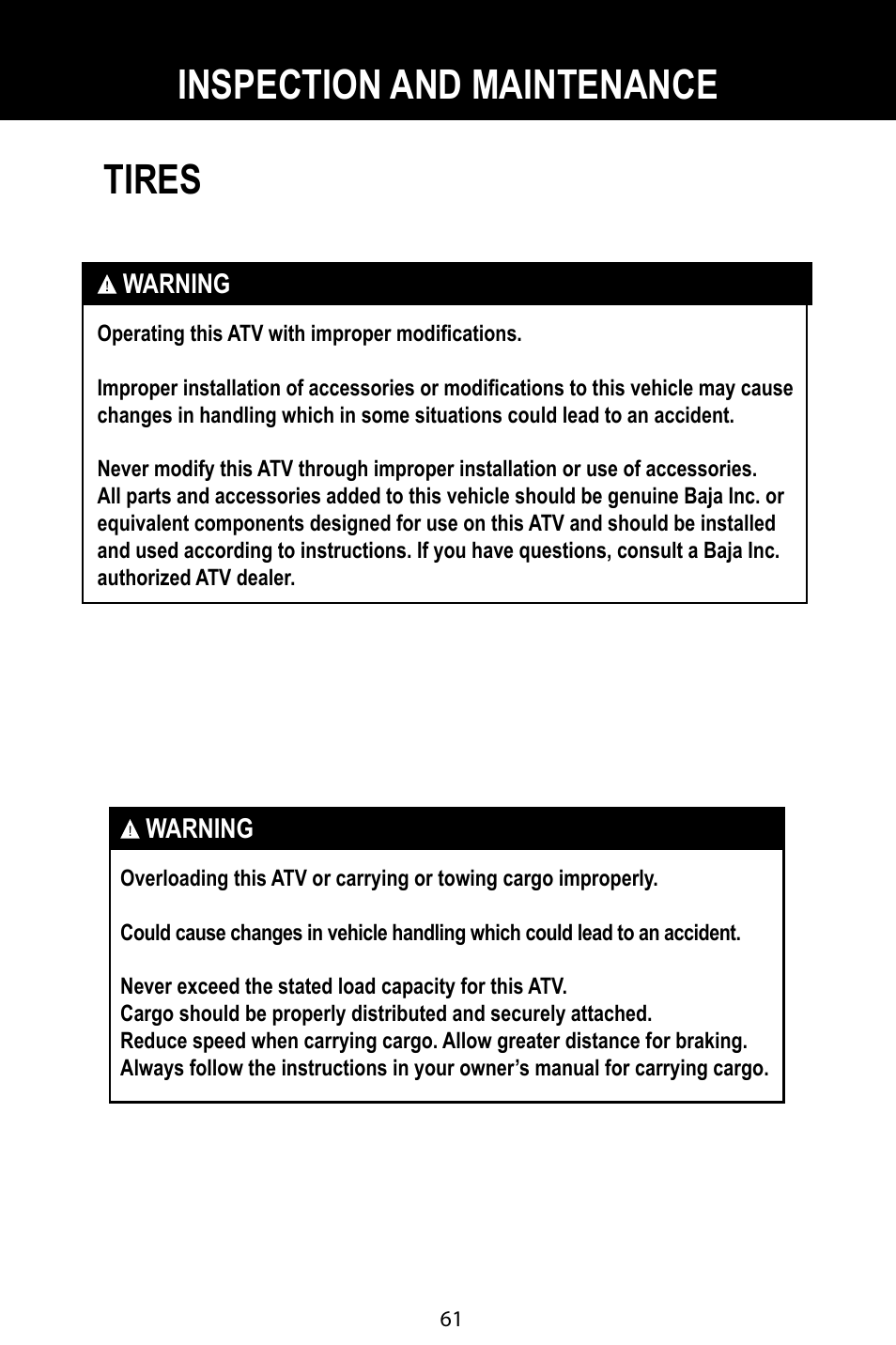 Tires, Inspection and maintenance | Baja Motorsports BA90-2 User Manual | Page 65 / 83