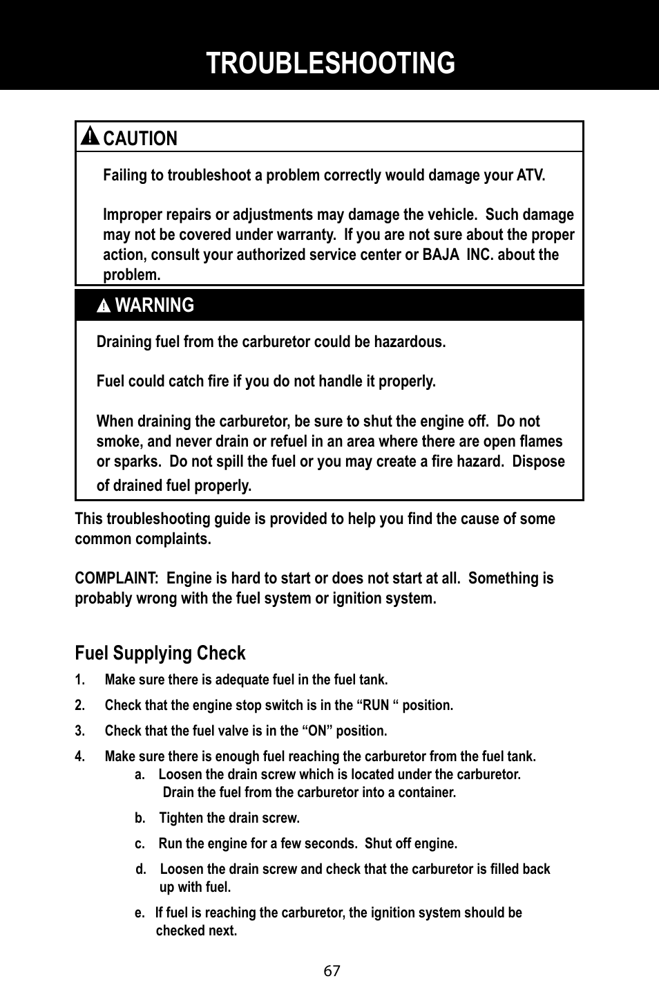 Troubleshooting, Fuel supplying check, Warning | Caution | Baja Motorsports BA90-2 User Manual | Page 71 / 83