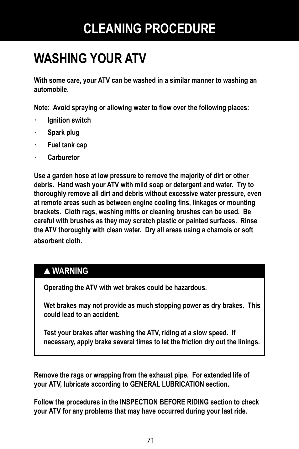 Washing your atv, Inspection after cleaning, Cleaning procedure | Baja Motorsports BA90-2 User Manual | Page 75 / 83