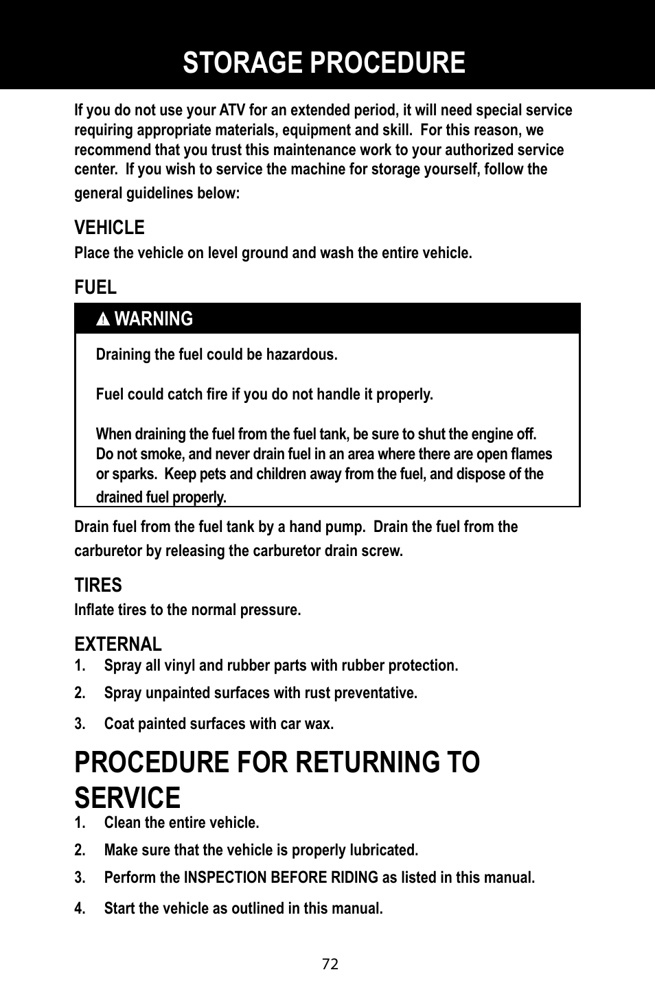 Procedure for returning to service, Storage procedure | Baja Motorsports BA90-2 User Manual | Page 76 / 83