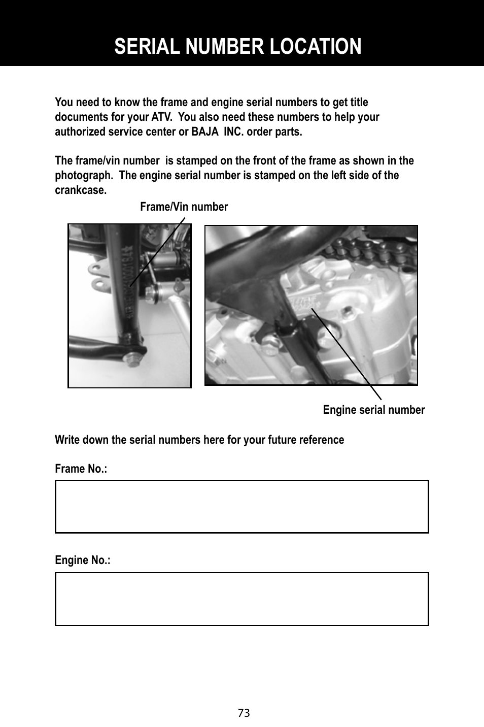 Serial number location | Baja Motorsports BA90-2 User Manual | Page 77 / 83