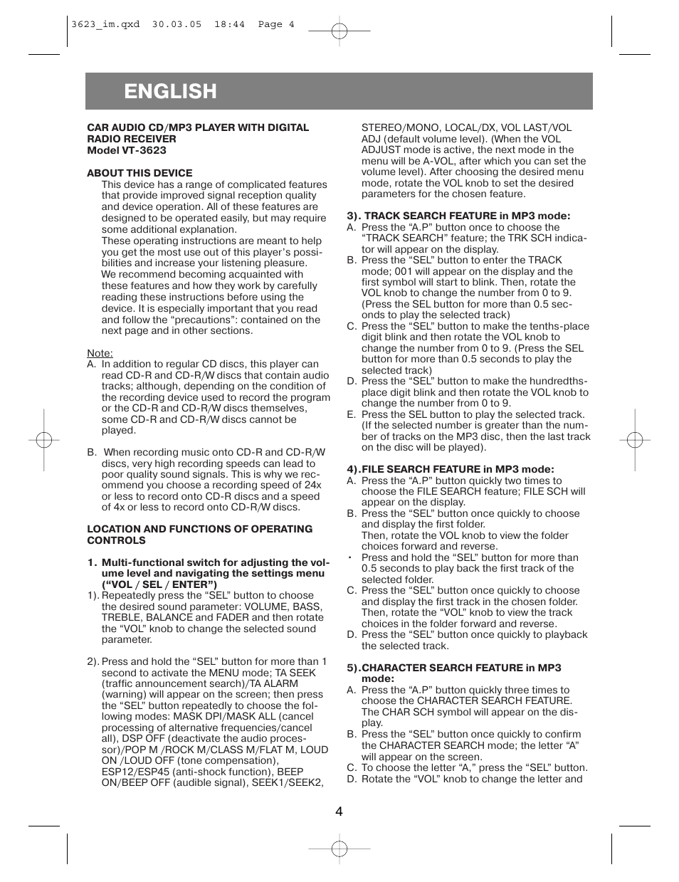 English | Vitek VT-3623 User Manual | Page 4 / 28