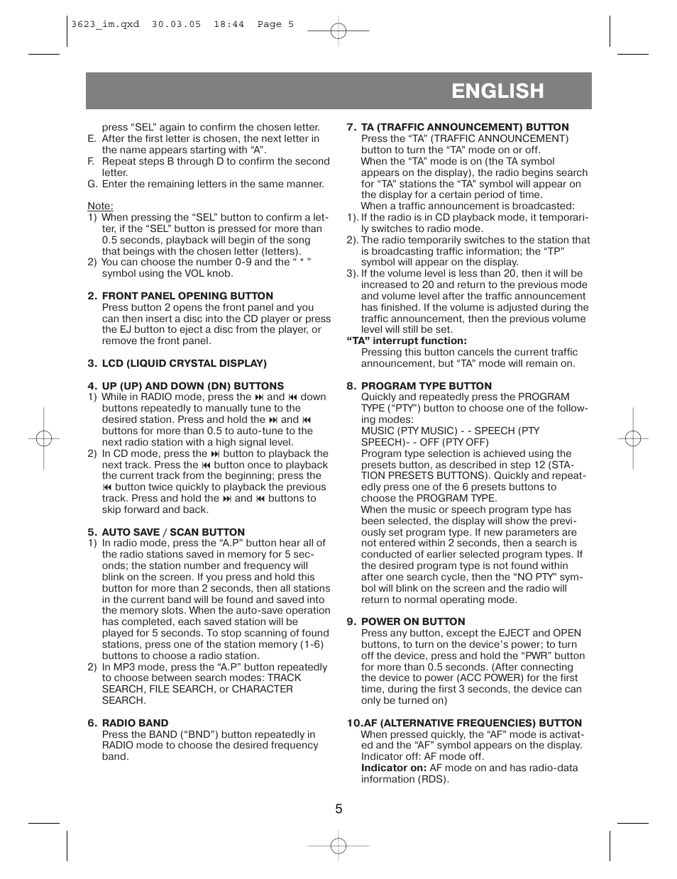 English | Vitek VT-3623 User Manual | Page 5 / 28