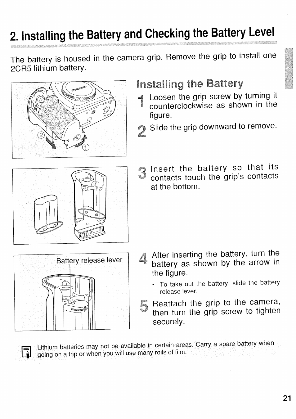 Installing, Battery | Canon EOS 3 User Manual | Page 21 / 37