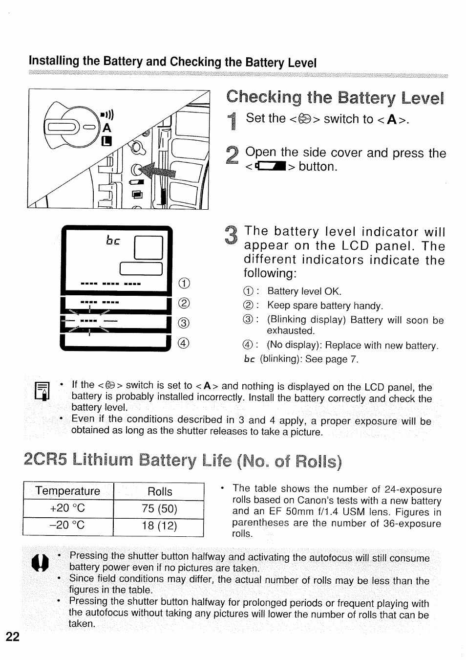Checking the battery level, 2cr5 lithium battery life, Rolls) | No. of | Canon EOS 3 User Manual | Page 22 / 37