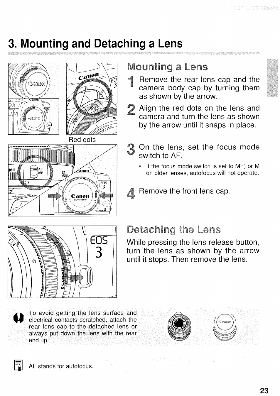 Mounting and detaching a lens, Vt \ 1 eos , \\\ 1 3, Mounting a lens | Detaching, Lens, Iii il^ê s1 f | Canon EOS 3 User Manual | Page 23 / 37