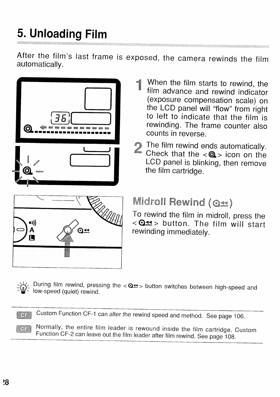 Unloading film, Midroll rewind (qs) | Canon EOS 3 User Manual | Page 28 / 37