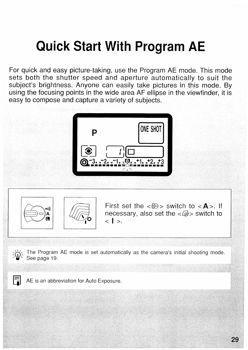 Quick start with program ae | Canon EOS 3 User Manual | Page 29 / 37