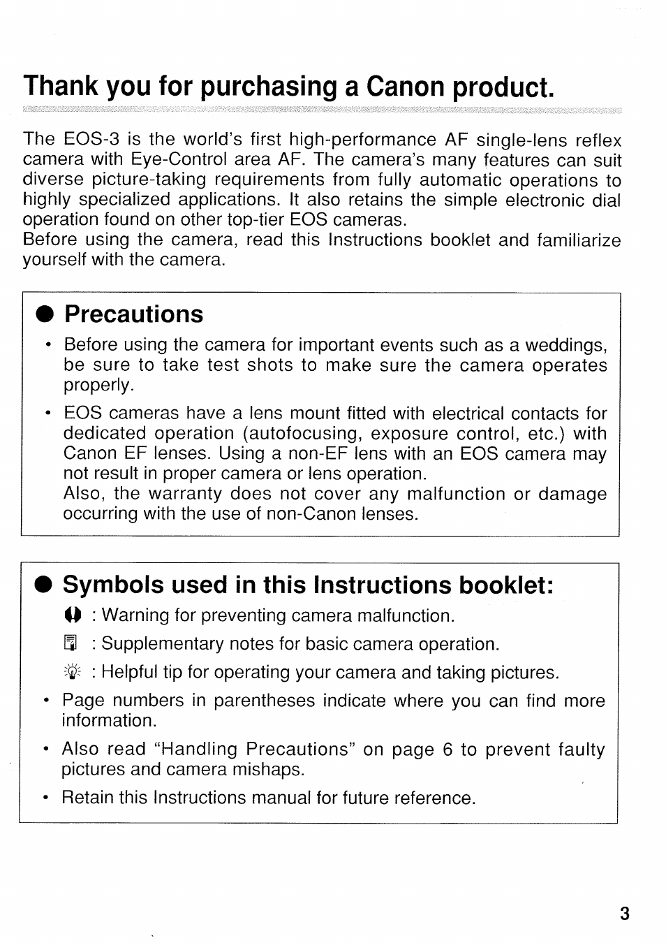 Thank you for purchasing a canon product, Precautions, Symbols used in this instructions booklet | Canon EOS 3 User Manual | Page 3 / 37