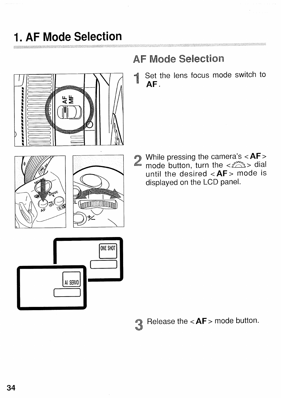 Af mode selection, Af mode, Selection | Canon EOS 3 User Manual | Page 34 / 37