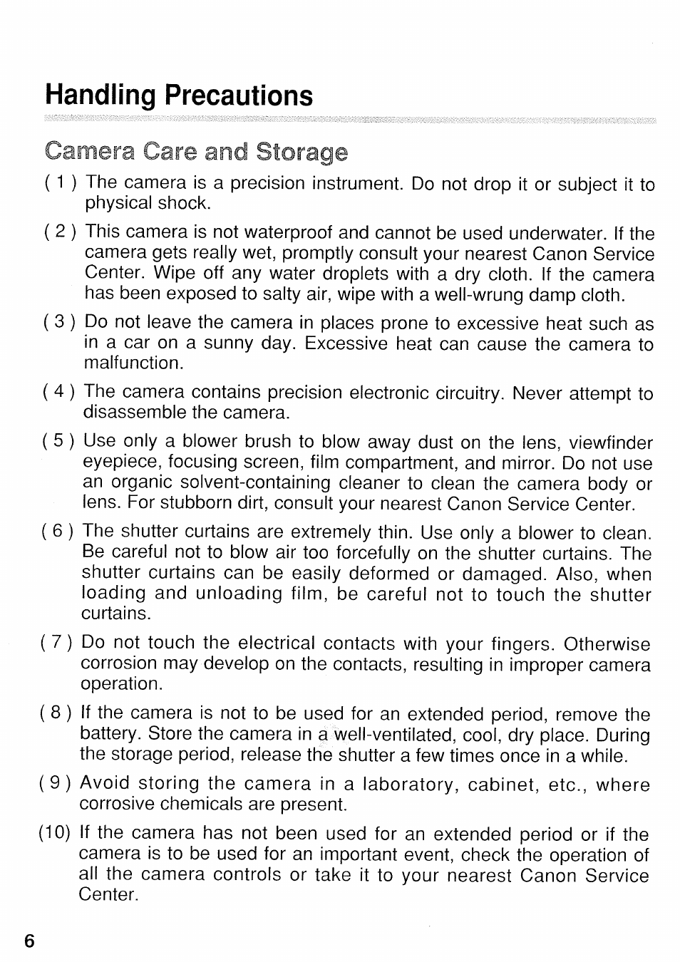 Handling precautions, And storage, Camera care | Canon EOS 3 User Manual | Page 6 / 37