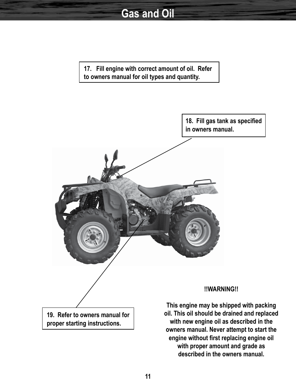 Gas and oil | Baja Motorsports WD400-U Assembly Guide User Manual | Page 11 / 11