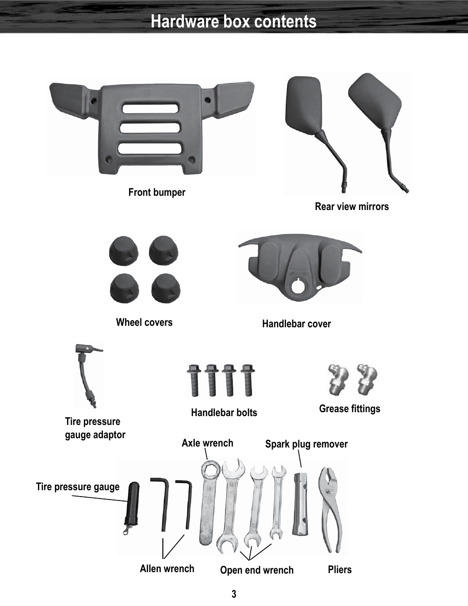 Hardware box contents | Baja Motorsports WD400-U Assembly Guide User Manual | Page 3 / 11