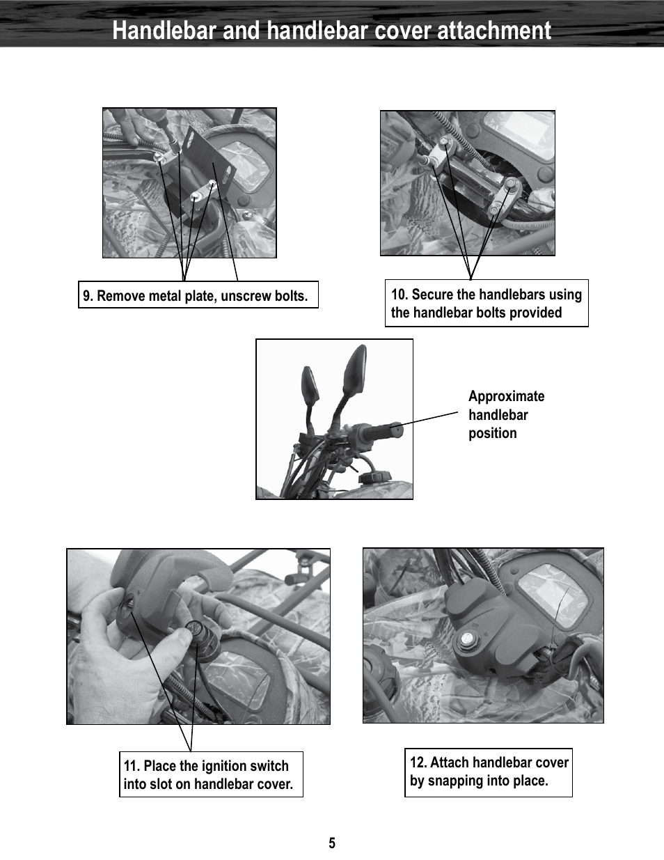 Handlebar and handlebar cover attachment | Baja Motorsports WD400-U Assembly Guide User Manual | Page 5 / 11