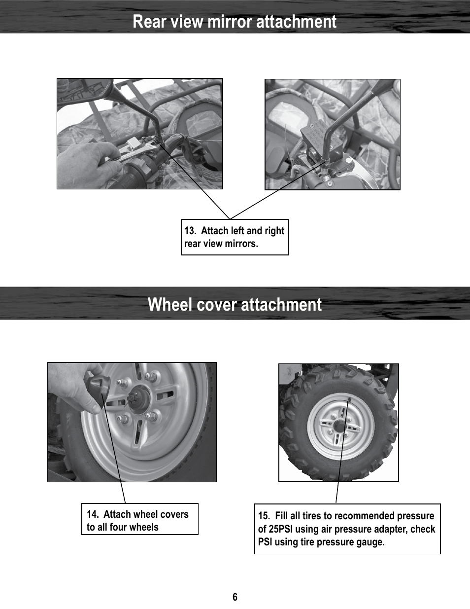 Rear view mirror attachment, Wheel cover attachment | Baja Motorsports WD400-U Assembly Guide User Manual | Page 6 / 11
