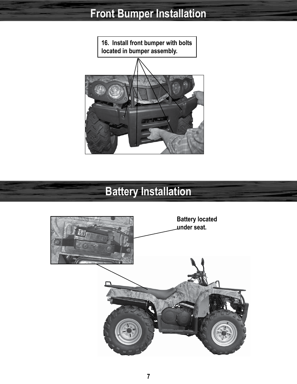 Battery installation, Front bumper installation | Baja Motorsports WD400-U Assembly Guide User Manual | Page 7 / 11