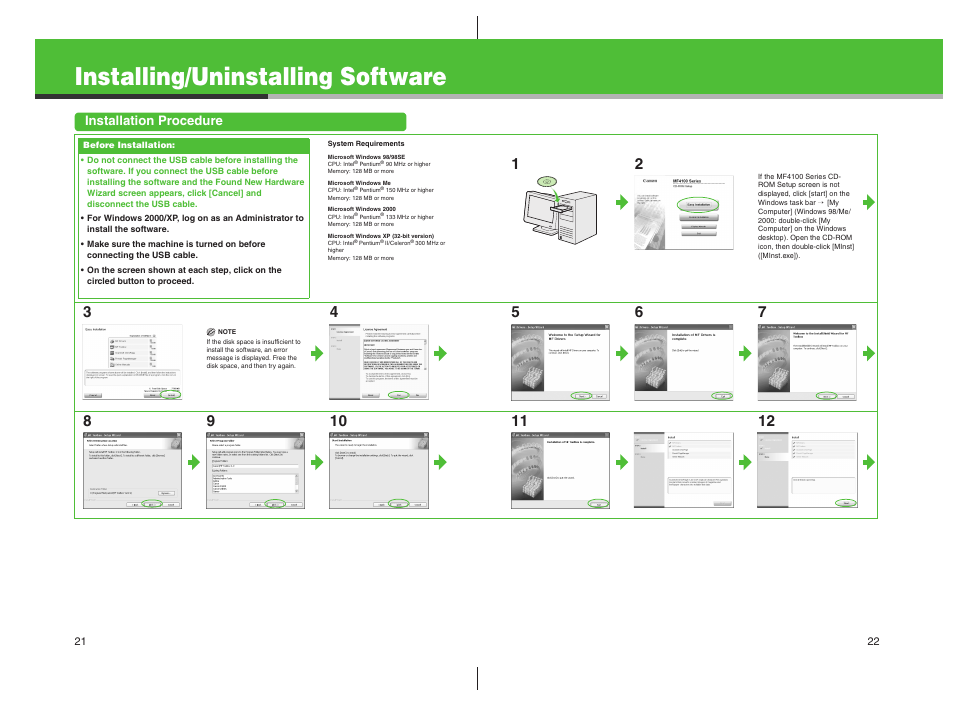 Installing/uninstalling software, Installation procedure | Canon imageCLASS MF4100 Series User Manual | Page 12 / 18