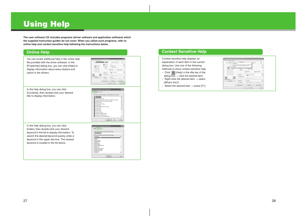 Using help, Online help, Context sensitive help | Canon imageCLASS MF4100 Series User Manual | Page 15 / 18