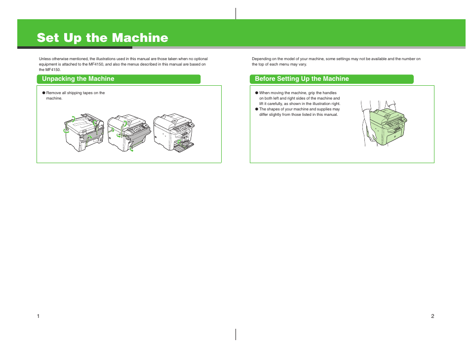 Set up the machine, Unpacking the machine, Before setting up the machine | Canon imageCLASS MF4100 Series User Manual | Page 2 / 18