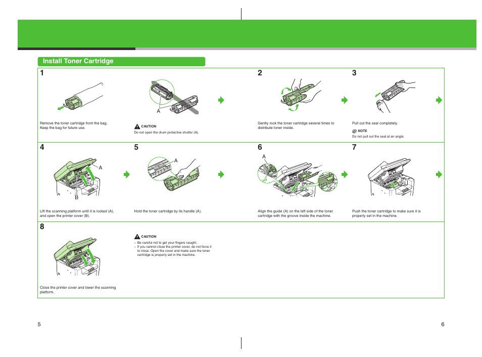 Install toner cartridge | Canon imageCLASS MF4100 Series User Manual | Page 4 / 18