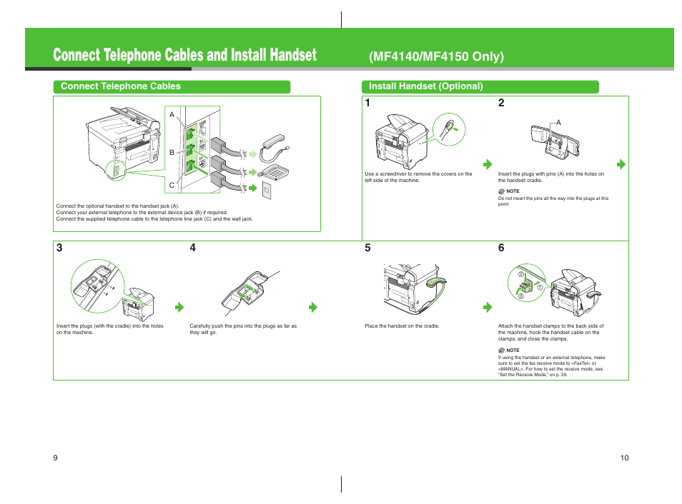 Connect telephone cables, Install handset (optional), Connect telephone cables and install handset | Canon imageCLASS MF4100 Series User Manual | Page 6 / 18