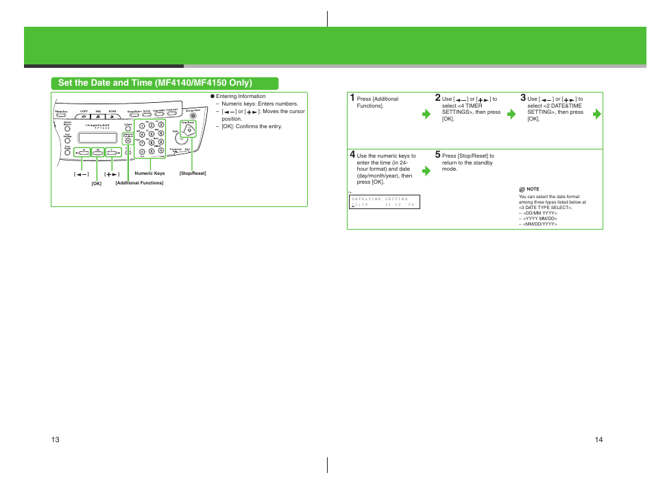 Set the date and time (mf4140/mf4150 only) | Canon imageCLASS MF4100 Series User Manual | Page 8 / 18