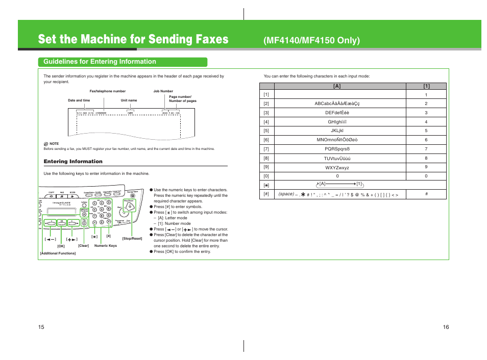 Guidelines for entering information, Set the machine for sending faxes | Canon imageCLASS MF4100 Series User Manual | Page 9 / 18