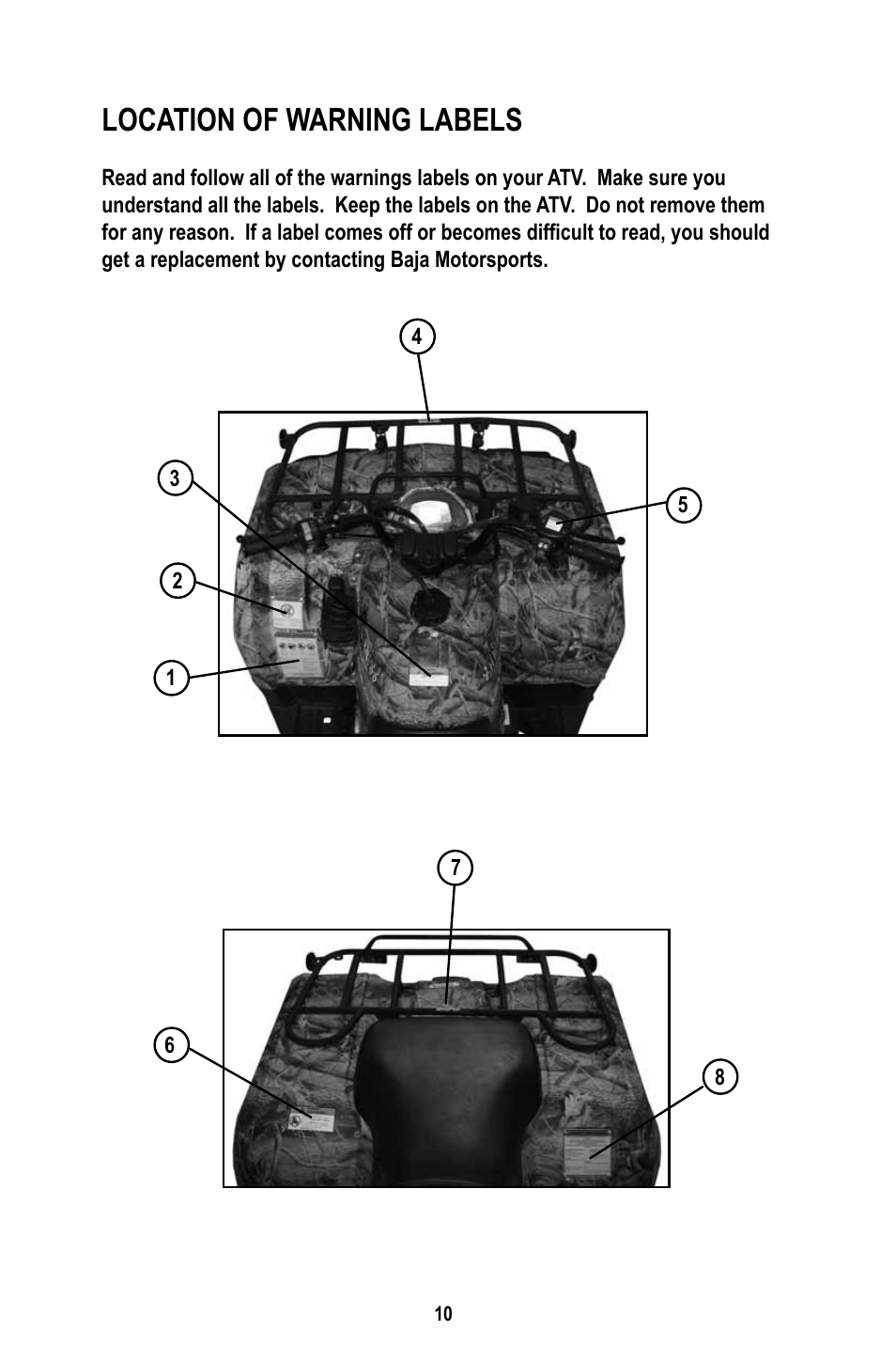 Location of warning labels | Baja Motorsports WD400-U Operator's Manual User Manual | Page 14 / 89