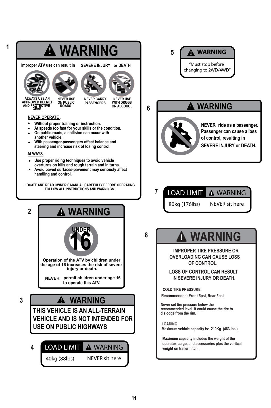 Warning load limit, Warning, Under | Baja Motorsports WD400-U Operator's Manual User Manual | Page 15 / 89