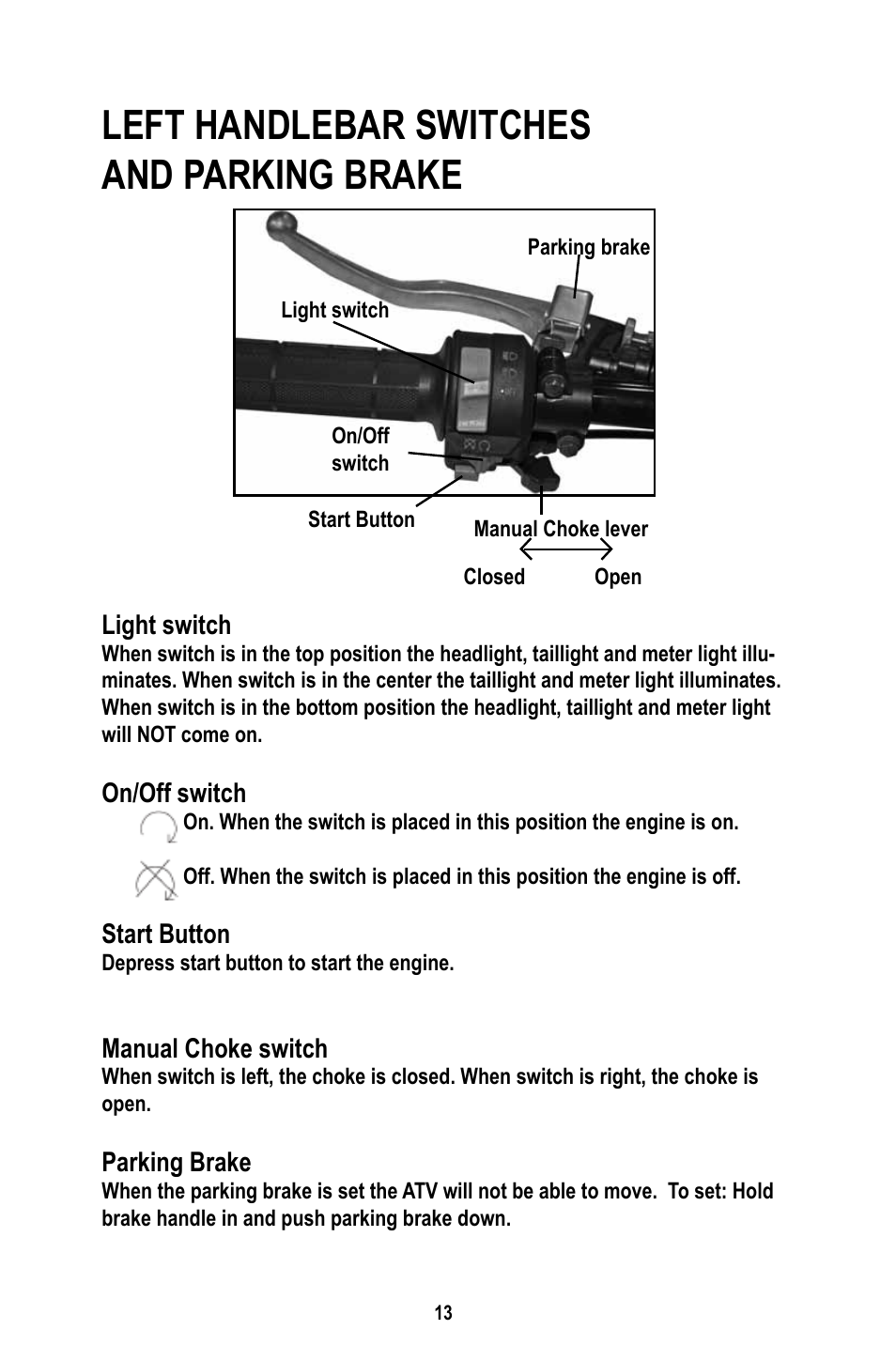 Left handlebar switches and parking brake | Baja Motorsports WD400-U Operator's Manual User Manual | Page 17 / 89