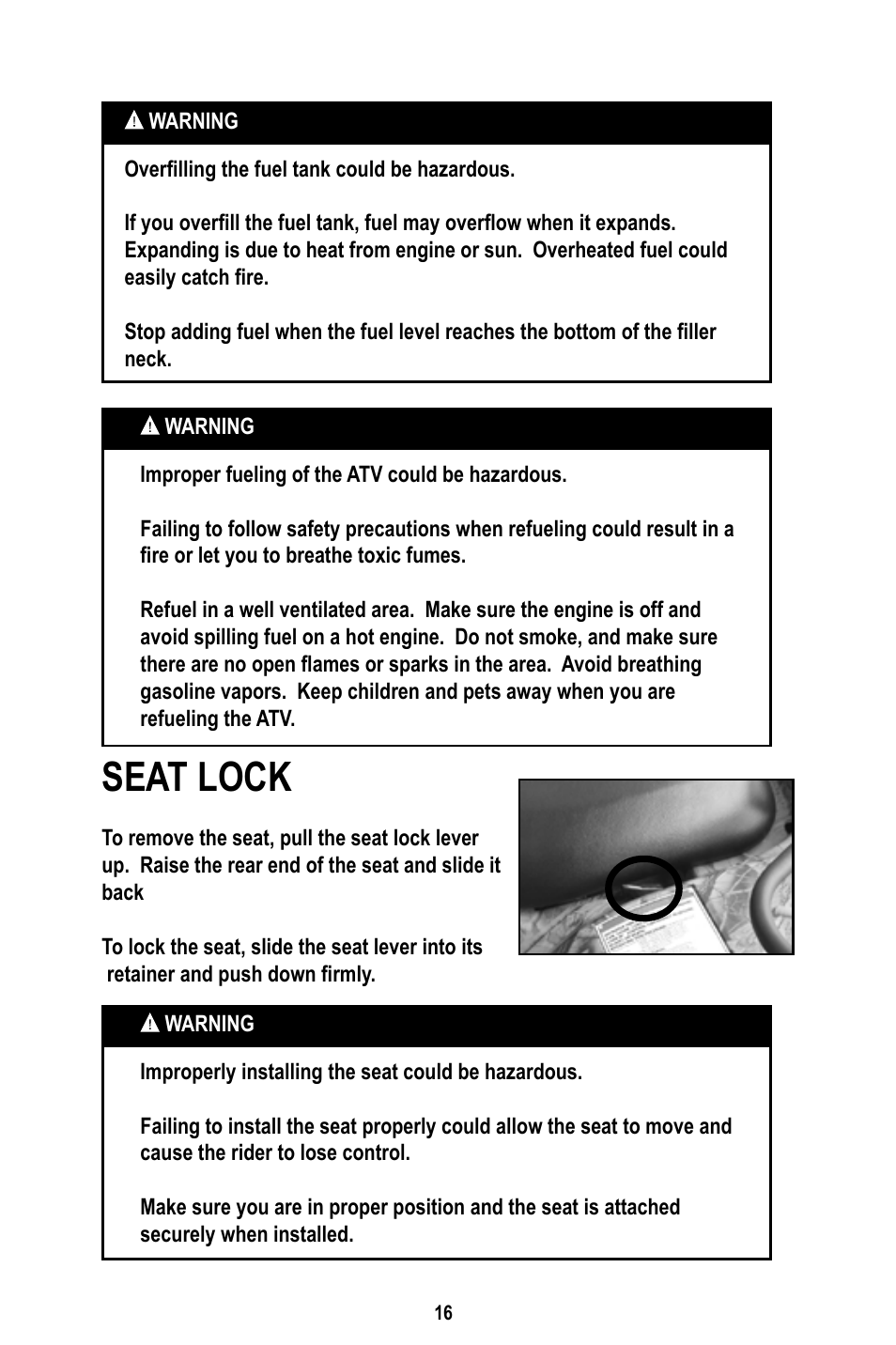 Seat lock | Baja Motorsports WD400-U Operator's Manual User Manual | Page 20 / 89