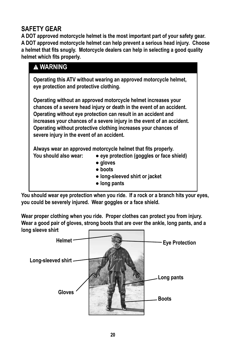 Safety gear, Warning | Baja Motorsports WD400-U Operator's Manual User Manual | Page 24 / 89