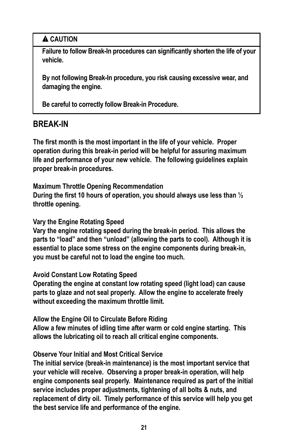 Break-in | Baja Motorsports WD400-U Operator's Manual User Manual | Page 25 / 89