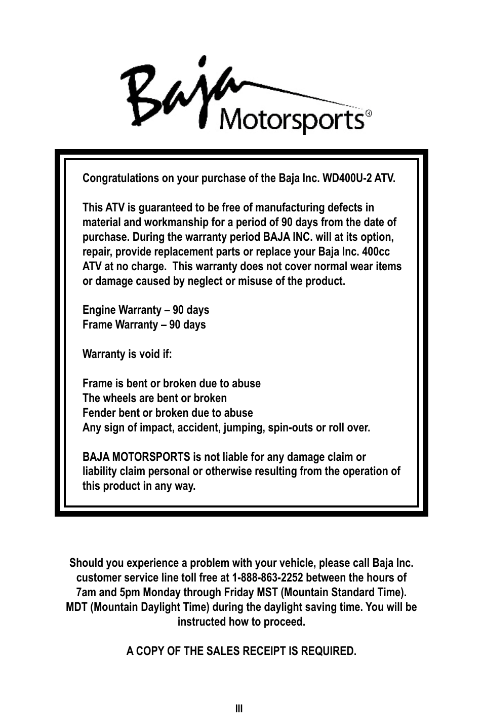 Baja Motorsports WD400-U Operator's Manual User Manual | Page 3 / 89