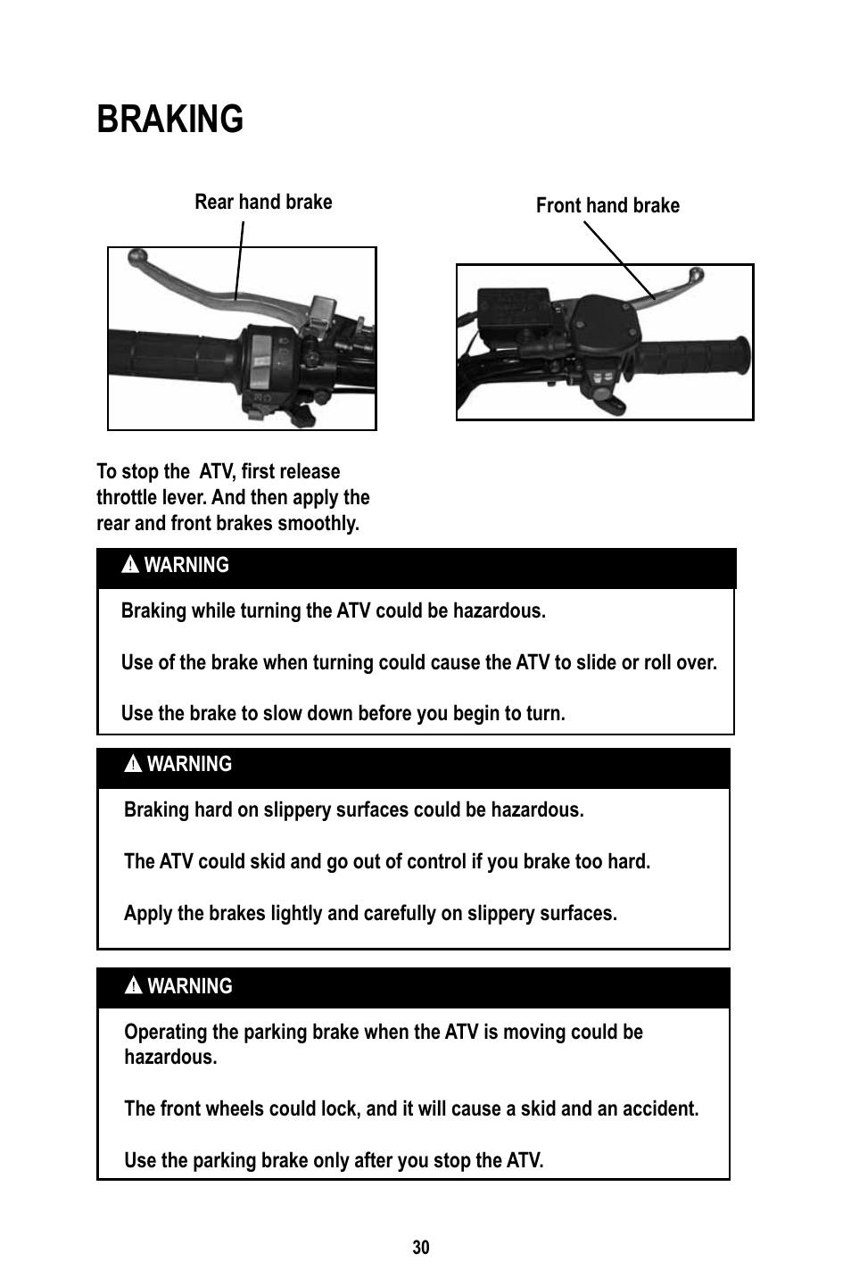 Braking | Baja Motorsports WD400-U Operator's Manual User Manual | Page 34 / 89