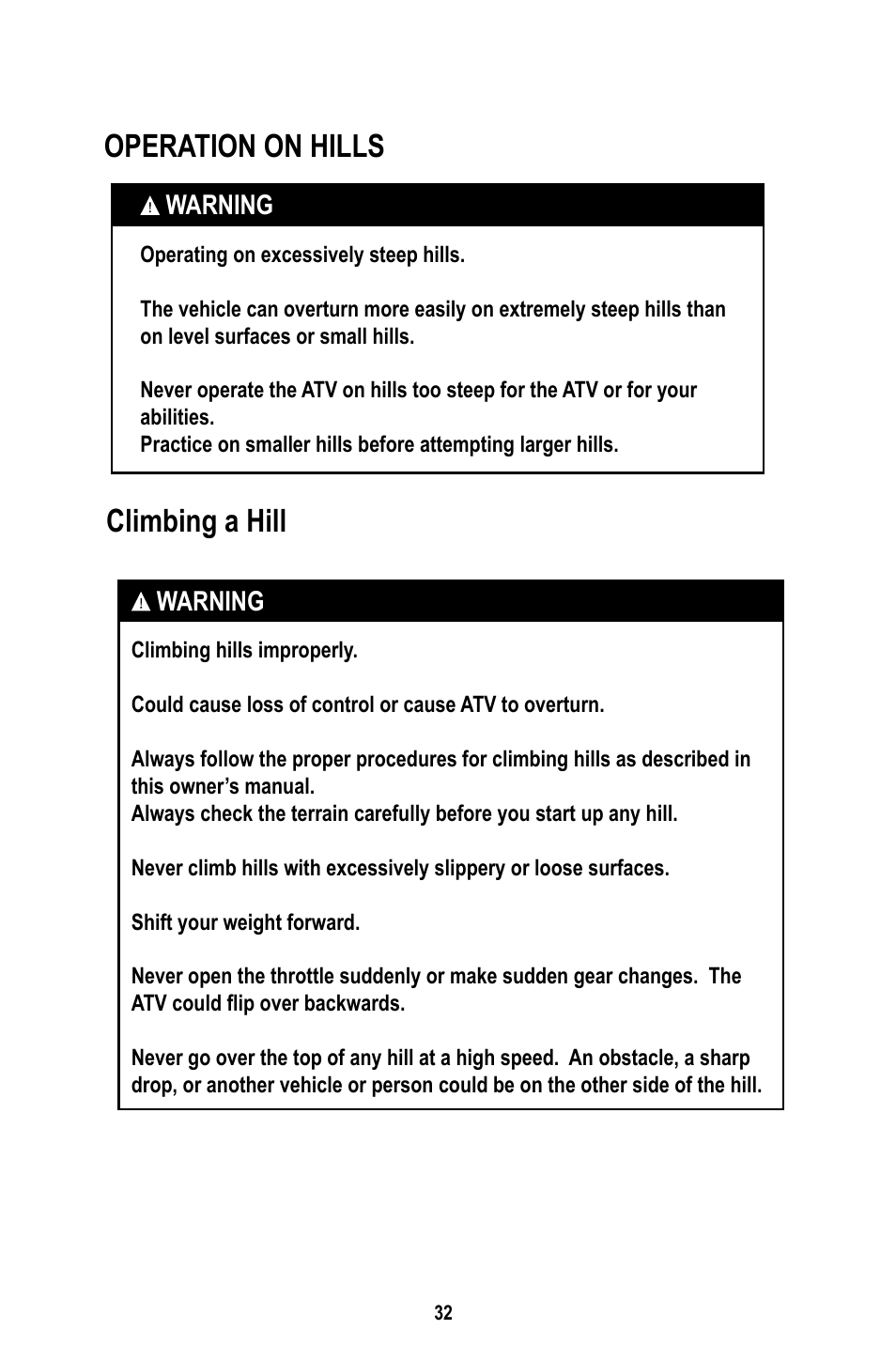 Operation on hills, Climbing a hill | Baja Motorsports WD400-U Operator's Manual User Manual | Page 36 / 89