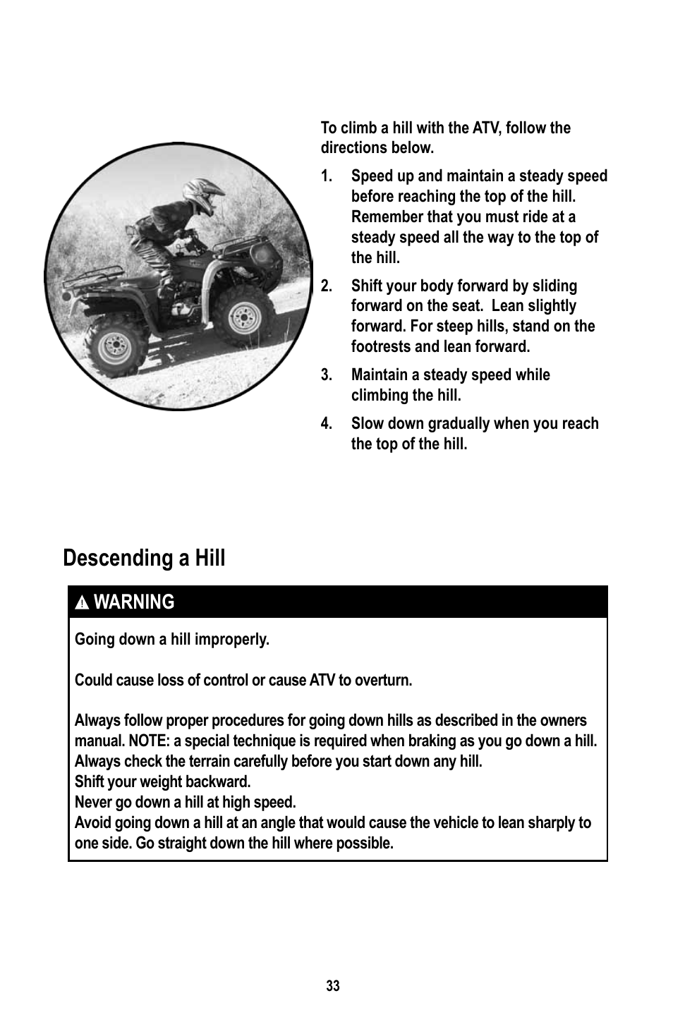 Descending a hill, Warning | Baja Motorsports WD400-U Operator's Manual User Manual | Page 37 / 89
