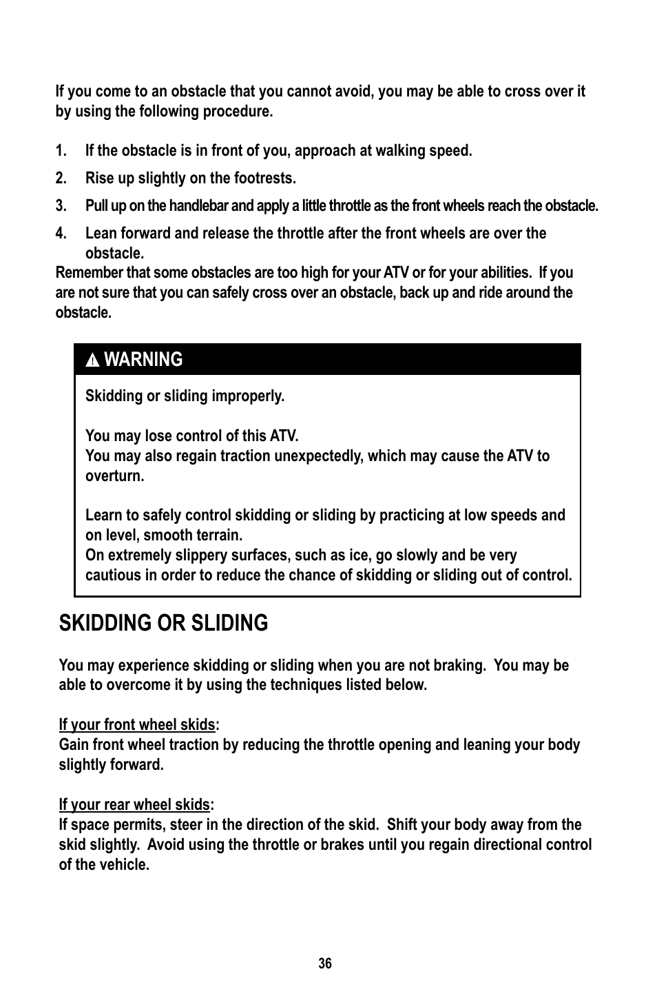 Skidding or sliding, Warning | Baja Motorsports WD400-U Operator's Manual User Manual | Page 40 / 89