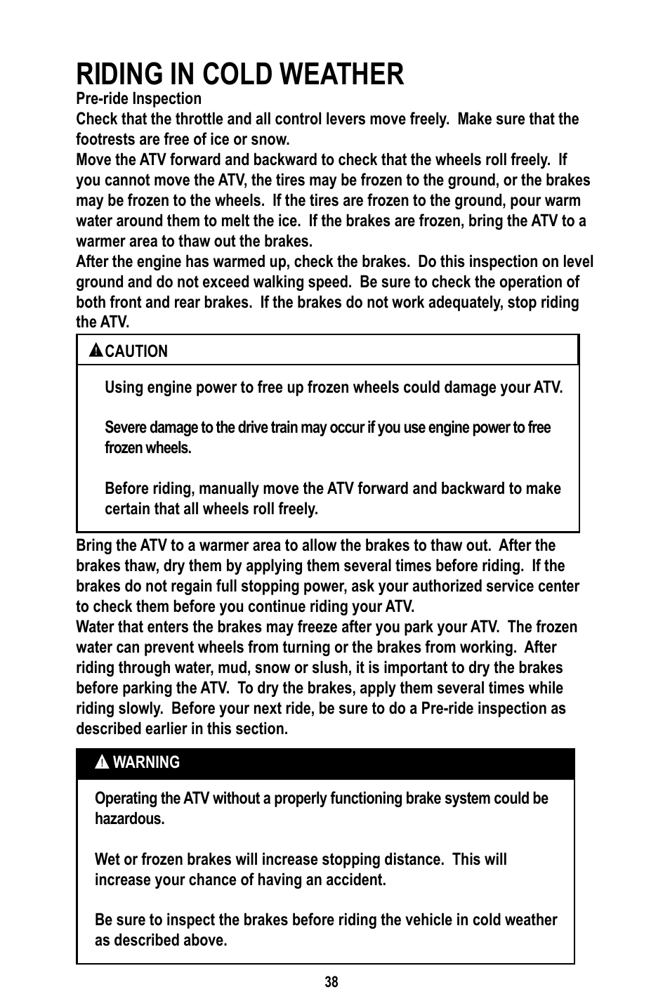 Riding in cold weather | Baja Motorsports WD400-U Operator's Manual User Manual | Page 42 / 89