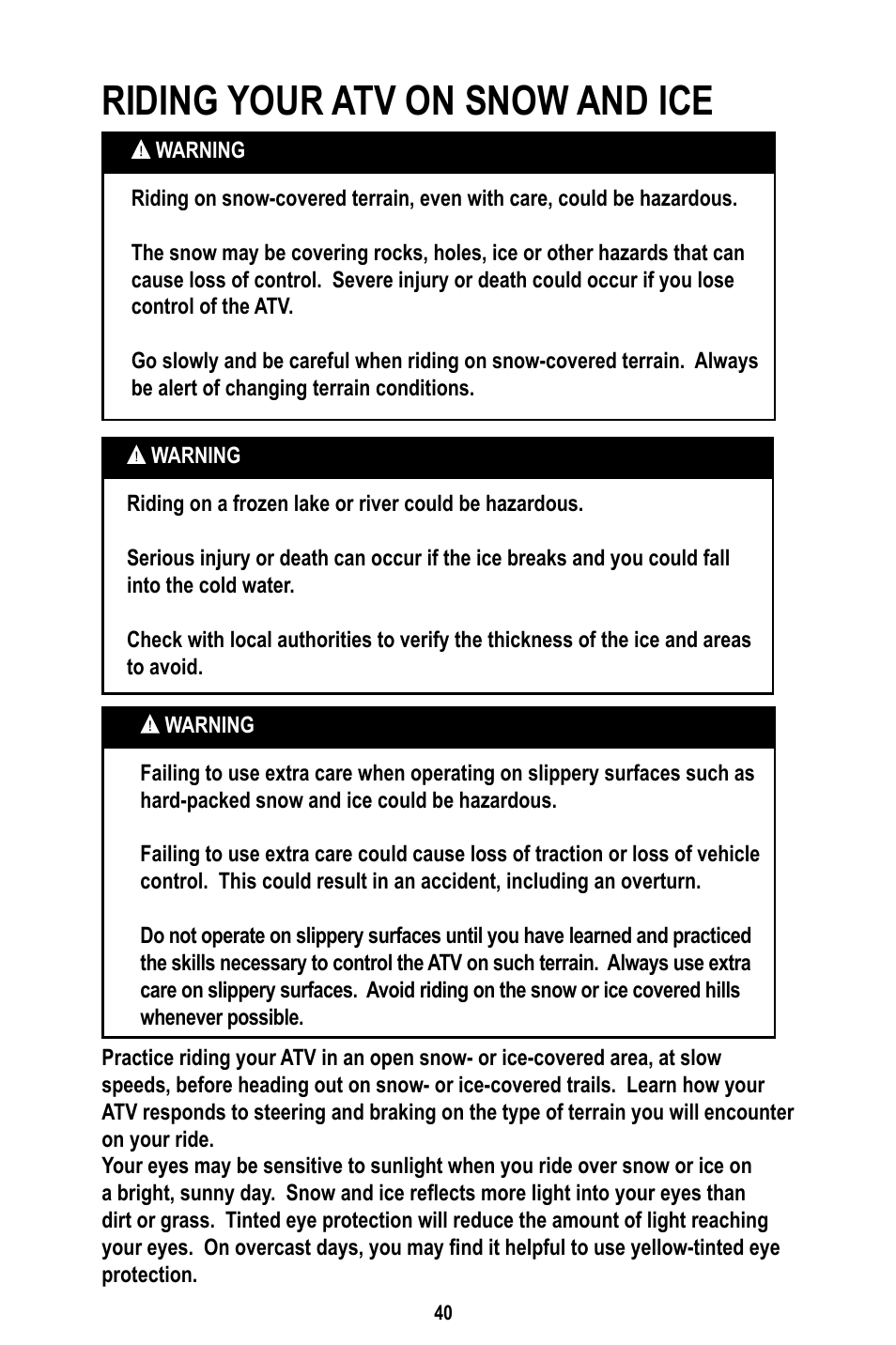 Riding your atv on snow and ice | Baja Motorsports WD400-U Operator's Manual User Manual | Page 44 / 89