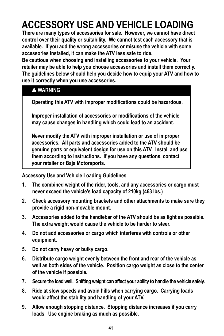 Accessory use and vehicle loading | Baja Motorsports WD400-U Operator's Manual User Manual | Page 45 / 89