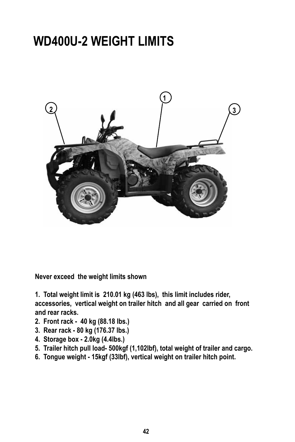 Wd400u-2 weight limits | Baja Motorsports WD400-U Operator's Manual User Manual | Page 46 / 89