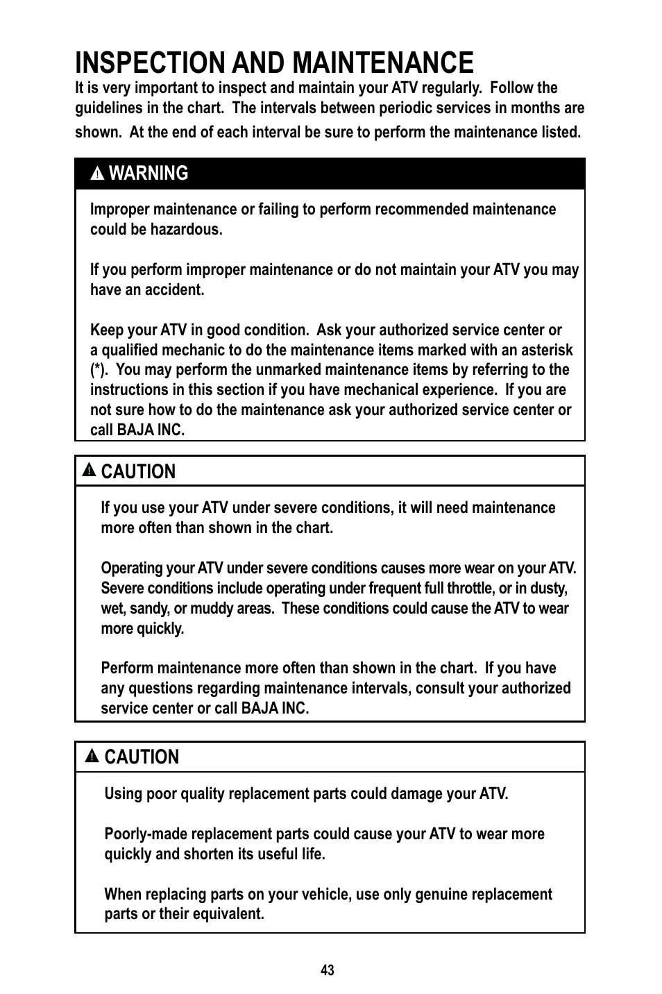 Inspection and maintenance | Baja Motorsports WD400-U Operator's Manual User Manual | Page 47 / 89